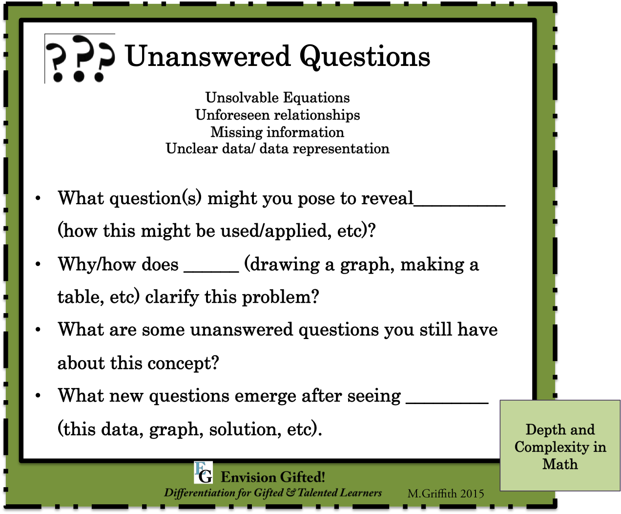 Envision Gifted. Depth and Complexity in Math Unanswered Questions